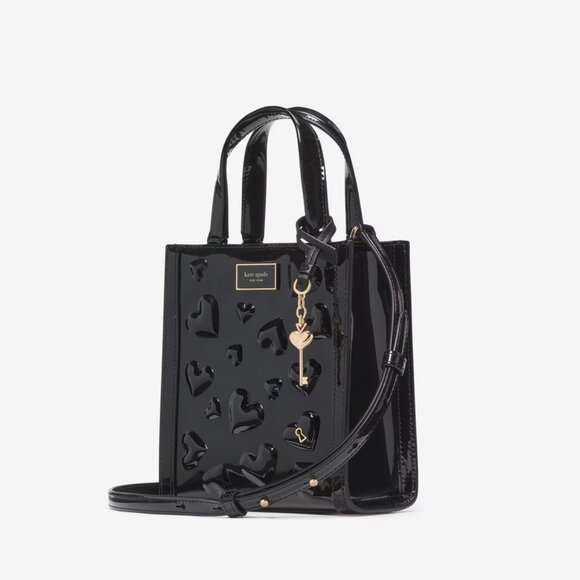 Kate Spade Key to My Heart Embossed Patent Leather Manhattan Mini Tote in Black - Picture 1 of 8